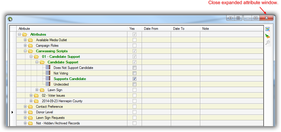 Close expanded window for attribute screen